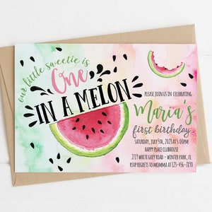 One In a melon Birthday Party Invitation Template Watermelon Invitation Summer Birthday Girl First birthday Editable Template Pink