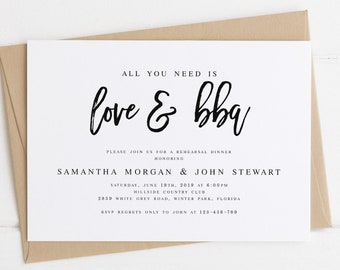 All You Need is Love and BBQ Rehearsal Dinner Invitation Template BBQ Wedding Template Calligraphy Wedding Rehearsal #WP90