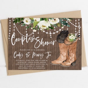 White Floral Greenery Couples Shower Invitation Template Floral Cowboy Boots Couples Shower Invite Wood Light Strings Rustic Couples Shower
