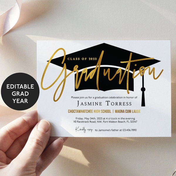 Graduation Party Invitation Template, Senior Graduation Announcement, Gold, Graduation Cap, Printable Graduation Invitation, Corjl, WP1