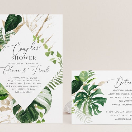 Tropical Bridal Shower Invitation Editable Template Greenery - Etsy