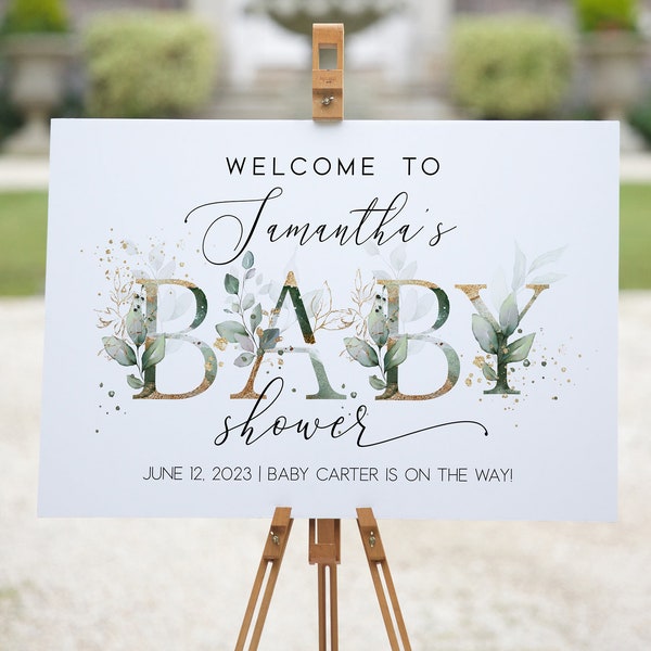 Welcome Baby Shower Sign Template, Greenery Baby Shower Welcome, Editable Template, Gold Greenery, Fully Editable, Corjl, 75