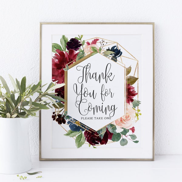 Burgundy Floral Thank You For Coming Please Take One  Marsala Favors Table SIgn Burgundy Bohemian Bridal Shower Decorations Favors Sign  034