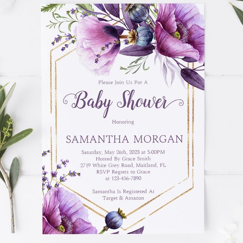EDITABLE Lilac Floral Baby Shower Invitation Girl Purple Baby Etsy