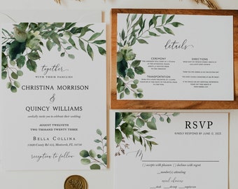 Greenery /& Gold Hearts Wedding Invitation Suite Template Printable Heart Font Invite Set Instant Download #EHF Eucalyptus RSVP Details