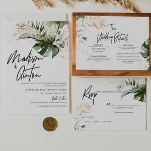 Tropical Wedding Invitation Suite,  Destination Beach Wedding, Tropical Palm Leaves,  Rsvp and Details Card, Editable Template,Corjl,  655