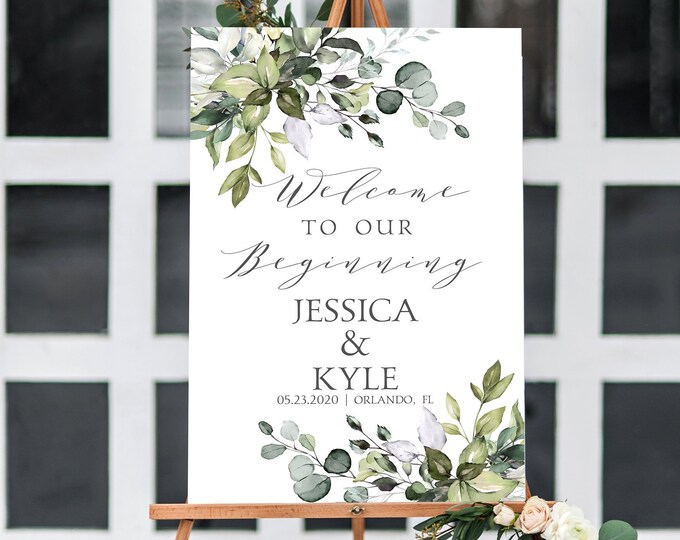 Greenery Welcome Wedding Sign Template, Welcome to Our Beginning ...