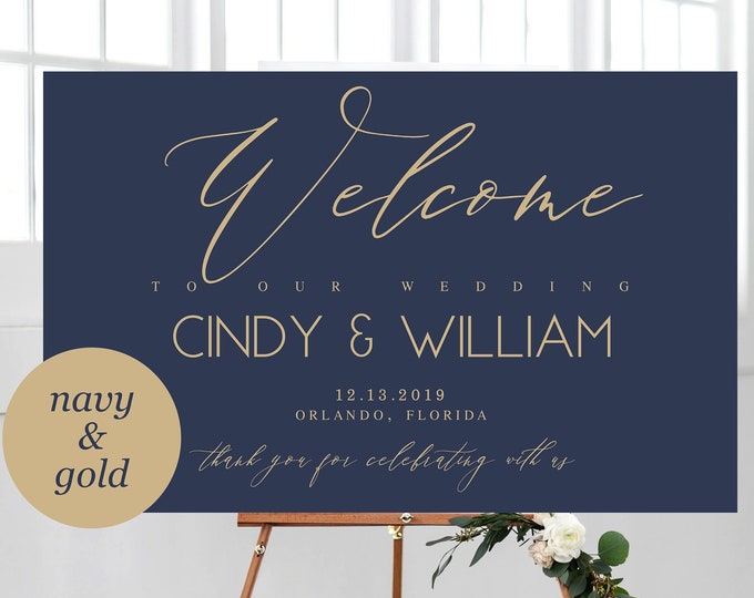 Navy and Gold Welcome Wedding Sign Template, Navy Wedding Welcome Sign ...
