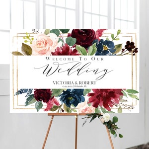 Burgundy Welcome Wedding Sign Template Floral Merlot Wedding Welcome Sign Boho Marsala Wedding Sign Large Signage Editable Template 034