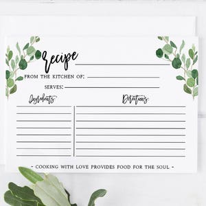 Greenery Recipe Card Template  Recipe Card Printable Template Greenery Editable Recipe Card Template Bridal Shower Recipe Card insert