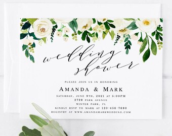 White Floral Wedding Shower Invitation Template Couples Shower Invitation Template Wedding Shower Invite Calligraphy Couples Shower #WP305