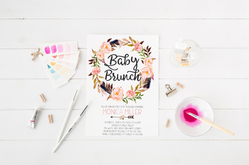 Baby Brunch Invitation Template Floral Pink Feather Bohemian Etsy