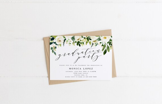 White Floral Greenery Foliage Graduation Party Invitation Etsy