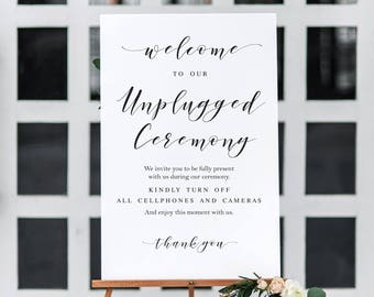 Elegant Script Unplugged Wedding Sign Template Unplugged Ceremony Sign Modern Ceremony Sign Editable Wedding Sign Black and White