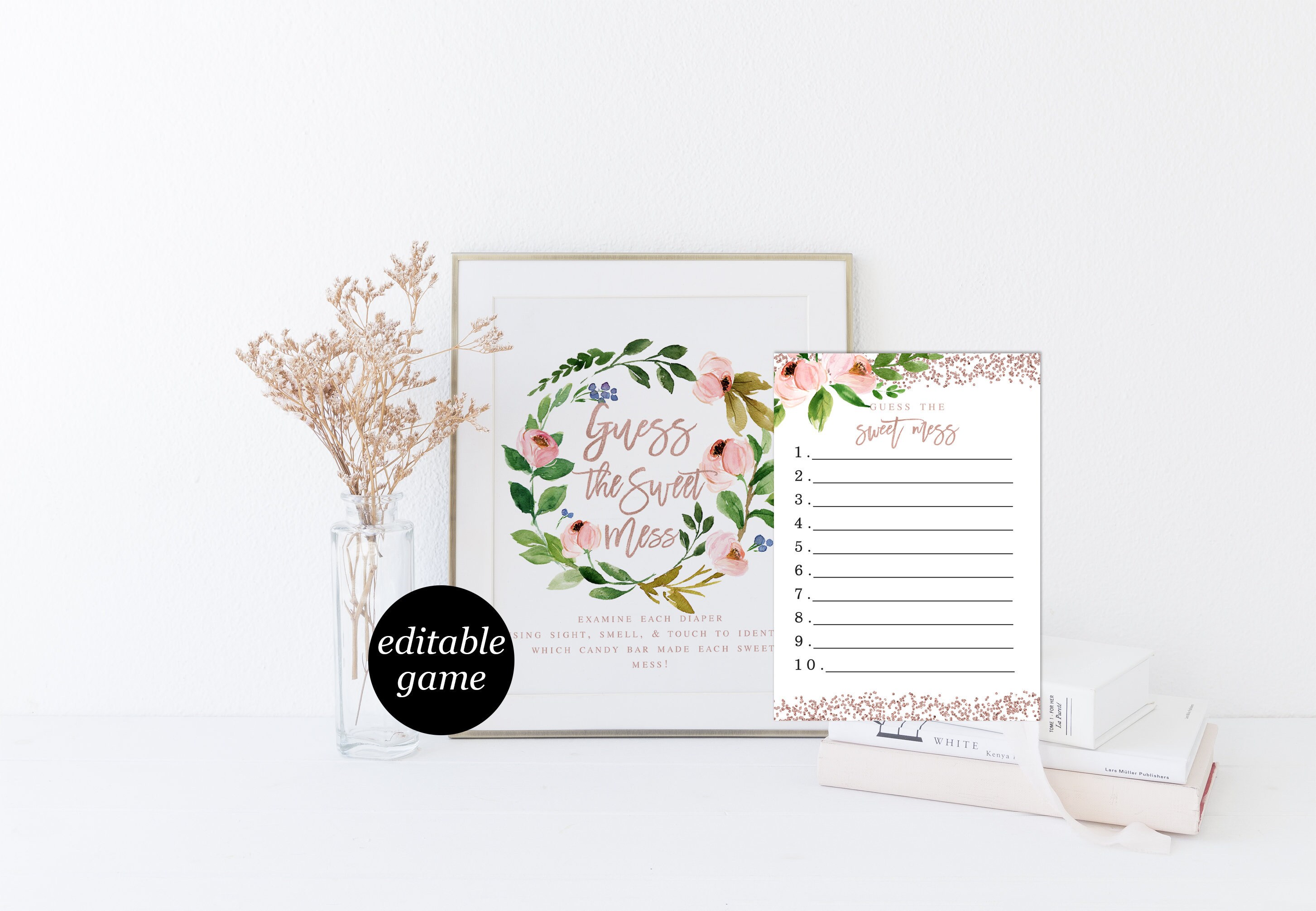 Rose Gold Pink Greenery Guess The Sweet Mess Baby Shower Game Etsy