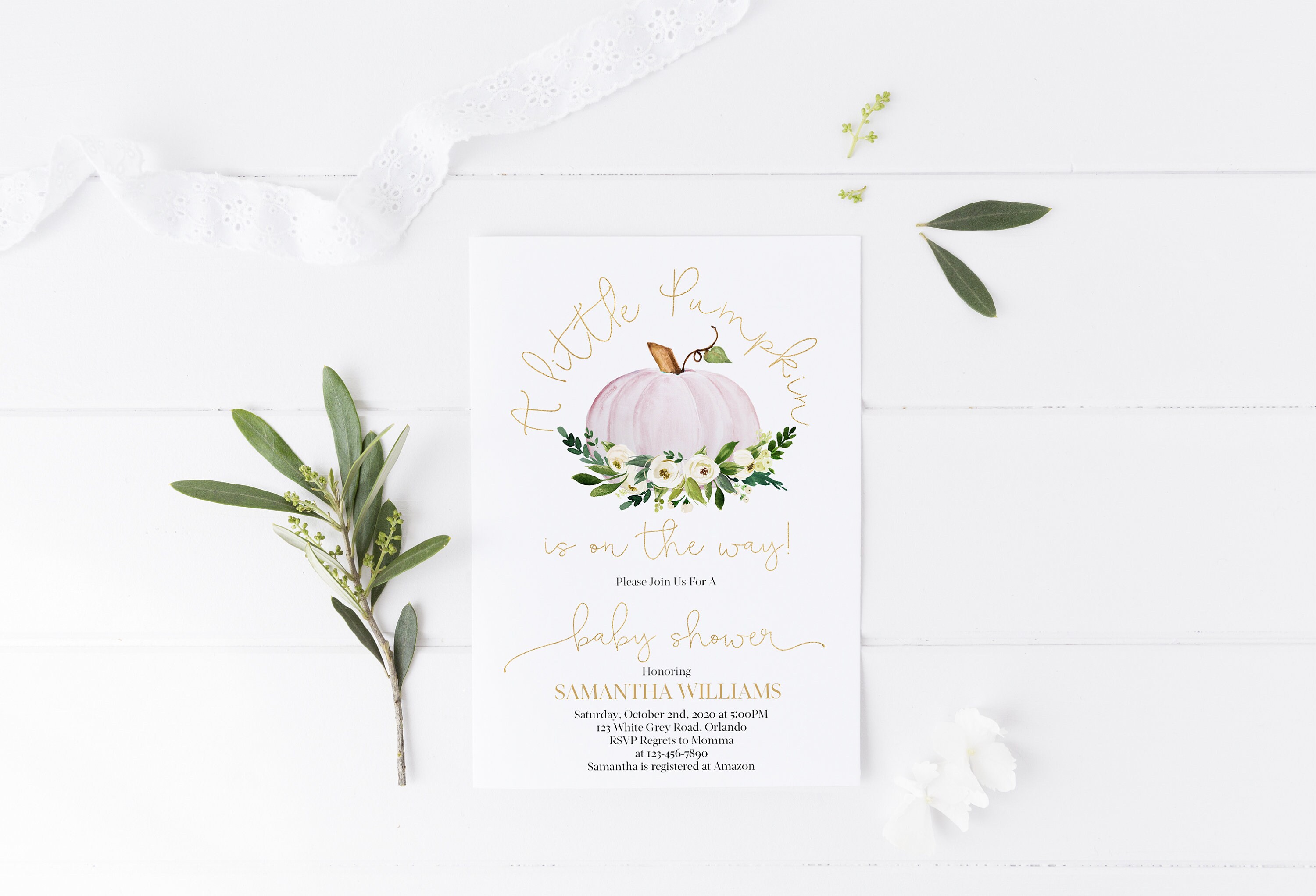 White Floral A Little Pumpkin Is On The Way Invitation Template Girl Pumpkin Pink Pumpkin Baby Girl Fall Autumn Baby Shower Invite 159