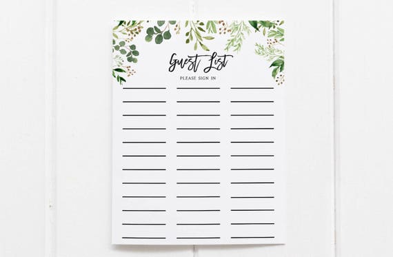 greenery guest list printable guest list sign in sheet etsy