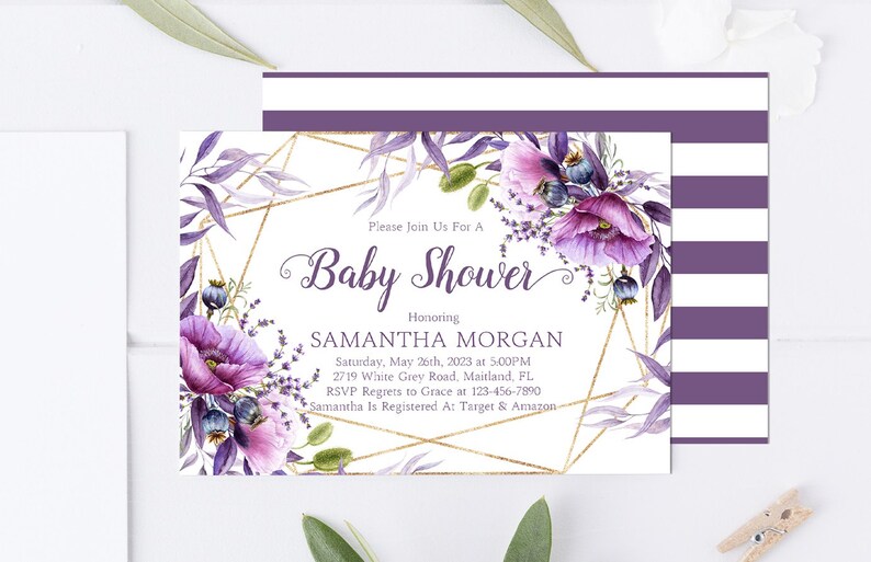 Purple Floral Baby Shower Invitation Template Purple Lavender Etsy