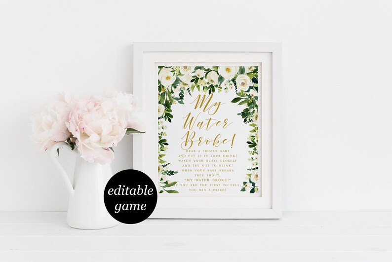 Gold White Floral Foliage My Water Broke Baby Shower Game Template Ice Cube Babies Green Leaf Baby Shower Games Frozen Babies #WP132