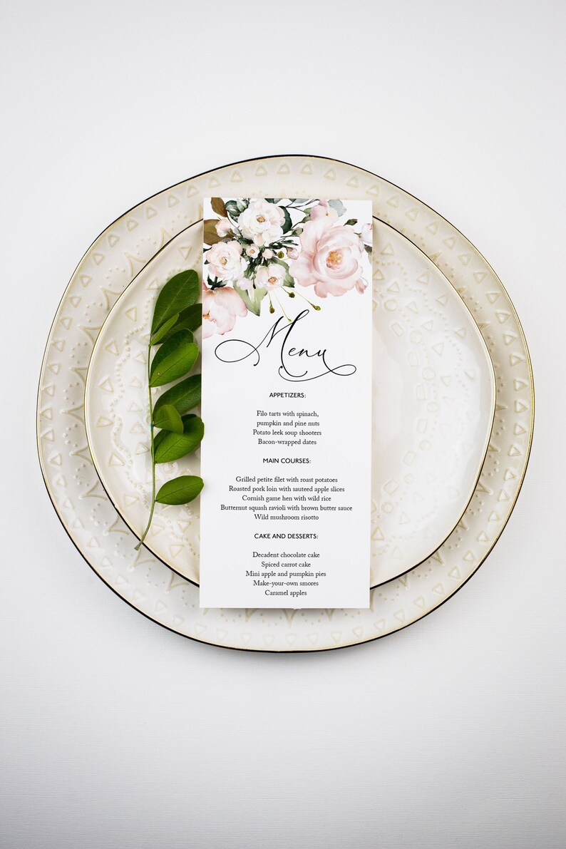 Blush Wedding Menu Template Floral Wedding Menu Cards Menu Etsy
