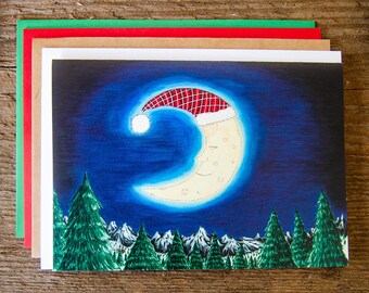 Moon Christmas Card - Plaid Christmas Card - Man in the Moon - Moon Card - Boxed Christmas Cards - C98