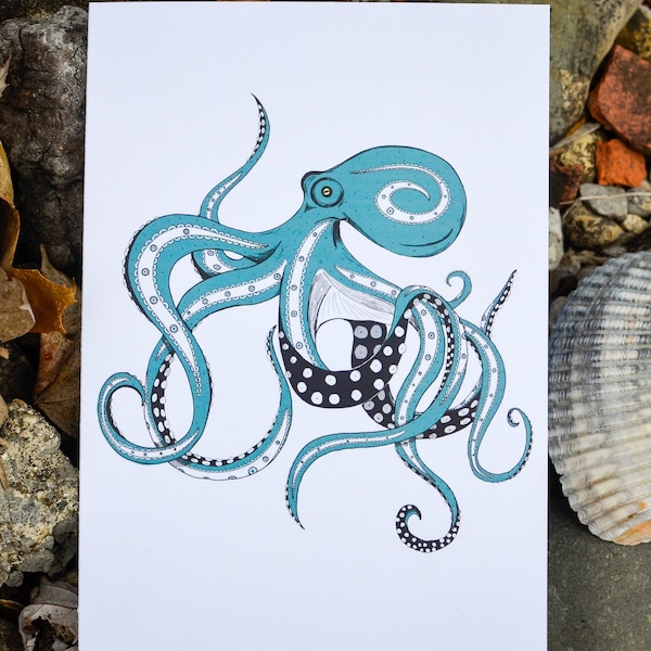 Octopus Greeting Cards - Personalized Cards - Blue Octopus - Blank Notecards - Turquoise Cards - Ocean Card - C32