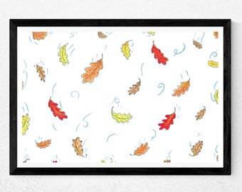 Falling Oak Leaves Digital Wall Print - Wall Art - Autumn Print - Leaf Art - Digital Prints - Home Decor - P4
