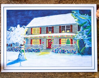 Snowy Christmas House Personalized Christmas Card - Starry Night - Boxed Christmas Card - Handmade Xmas Cards - Snow Scene - C61