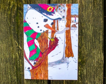 Snowman in the Woods Christmas Card - Primitive Snowman - Boxed Christmas Cards - Whimsical - Greeting Card - Farmhouse Christmas - C43