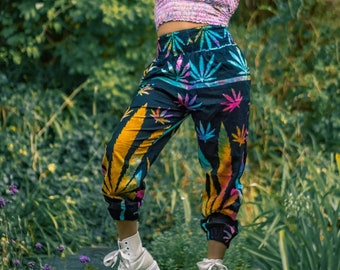 Ganja dope leaf weed trousers, rainbow trousers, lounge wear,rainbow trousers, hippie clothing