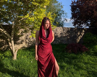 Indian tribal festival dress, goddess dress, silk maxi dress with slits, hooded dress