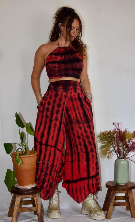 Indian silk sari co-ord, boho festival co-ord, floaty trousers & halter top, festival two piece