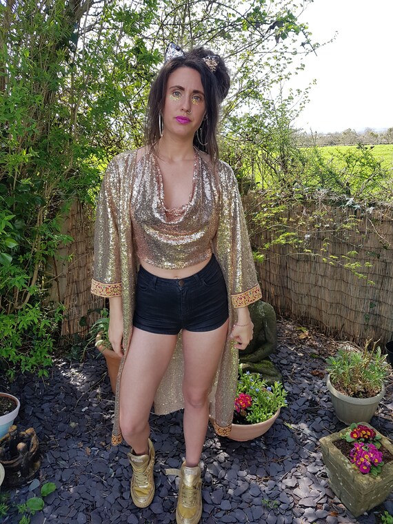 Gold champagne sequin cowl neck halter top lace up halter | Etsy