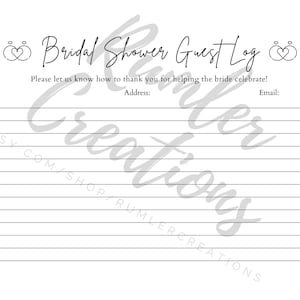 Printable Bridal Shower Guest Log, Wedding, Address Book, Digital