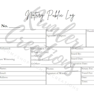 Printable Notary Public Log, Journal, Entry Page, For Record Books, Digital Download