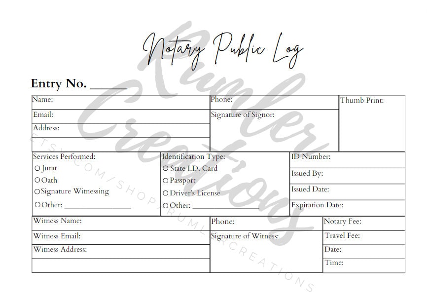 Printable Notary Public Log, Journal, Entry Page, for Record Books ...