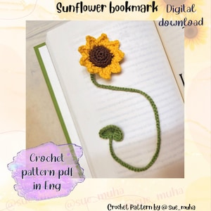Sonnenblume Lesezeichen Muster, gehäkeltes Lesezeichen, Sonnenblume, Häkelanleitung in Englisch, Sonnenblume gehäkelt, Lesezeichen gehäkelt