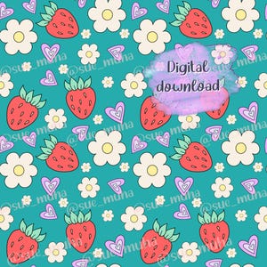 Seamless Strawberry Daisy Pattern, Seamless Pattern, Seamless Strawberries png , Digital Paper, Digital Download, Pattern, Daisy Pattern Png