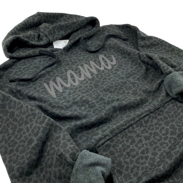 Mama Puff Black Leopard Hoodie Sweatshirt, Womens Leopard Sweatshirt, Leopard Print Shirt 3D Puff Screen Print Mama Hoodie Pullover Mom Gift