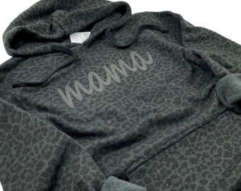 Mama Puff Black Leopard Hoodie Sweatshirt, Womens Leopard Sweatshirt, Leopard Print Shirt 3D Puff Screen Print Mama Hoodie Pullover Mom Gift