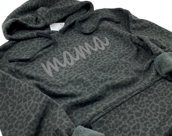 Mama Black Leopard Print Hoodie, 3D Puff Print Sweatshirt