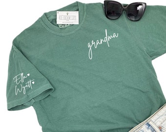Grandma Shirt with Grandchildren Names on Sleeve, Comfort Colors Shirt with Custom Kids Name Sleeve, Personalized Mother's Day Grandma Gift