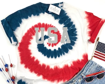 USA Tie Dye Shirt, Womens 4th of July Shirt Red White Blue Tie Dye Tshirt, Adult Unisex Patriotic Shirt, Fourth of July Tee, Adult USA Shirt