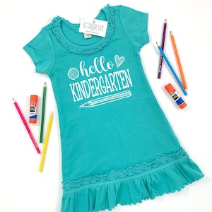 Hello Kindergarten Dress, Back to School Outfit Kindergarten Girl, First Day of School Outfit, 1st Day Kindergarten Girls Ruffle Edge Dress