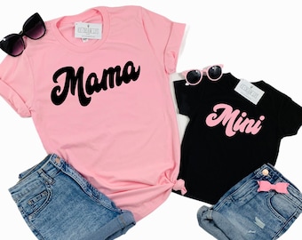 Mama Mini Shirts, Matching Mommy and Me Shirts, Retro Mama Shirt, Gift for Girl Mom, Mom and Girl Matching Mother Daughter Tshirts Pink Tee