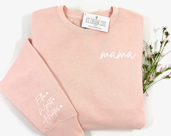 Mama Sweatshirt with Kids Name on Sleeve, Personalized Mom Sweatshirt, Mothers Day Gift, Womens Crewneck Sweater, Gift from Children