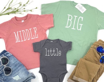 Big Middle Little Shirts, Gender Neutral 3rd Baby Announcement, Matching Siblings, Big Brother Big Sister, Match Baby Shirts, Big Bigger