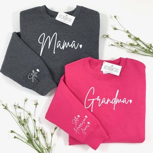 Mama Sweatshirt with Names on Sleeve, Grandma Sweatshirt, Womens Crewneck Sweatshirt with Kids Names on Sleeve, Mothers Day Gift, Mom Gift