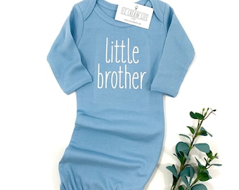 Little Brother Outfit, Blue Baby Gown, Baby Boy Outfit, Newborn Coming Home Outfit, Baby Shower Gift Brother Announcement Baby Brother Gift