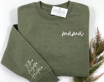 Mama Sweatshirt with Kids Name on Sleeve, Personalized Mom Sweatshirt, Mothers Day Gift, Womens Crewneck Sweater, Gift from Children